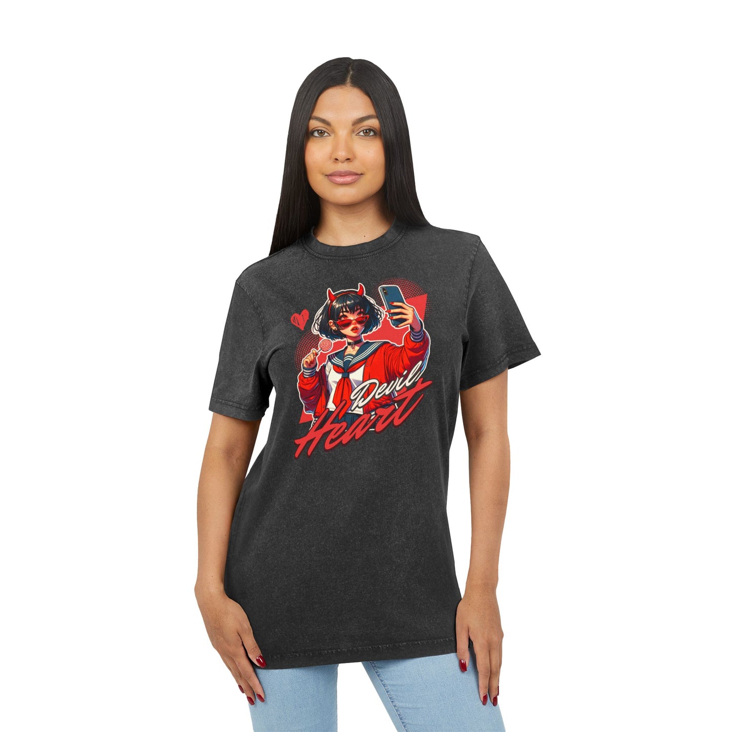Devil Heart Anime Girl Acid Wash Vintage Style Unisex Tee