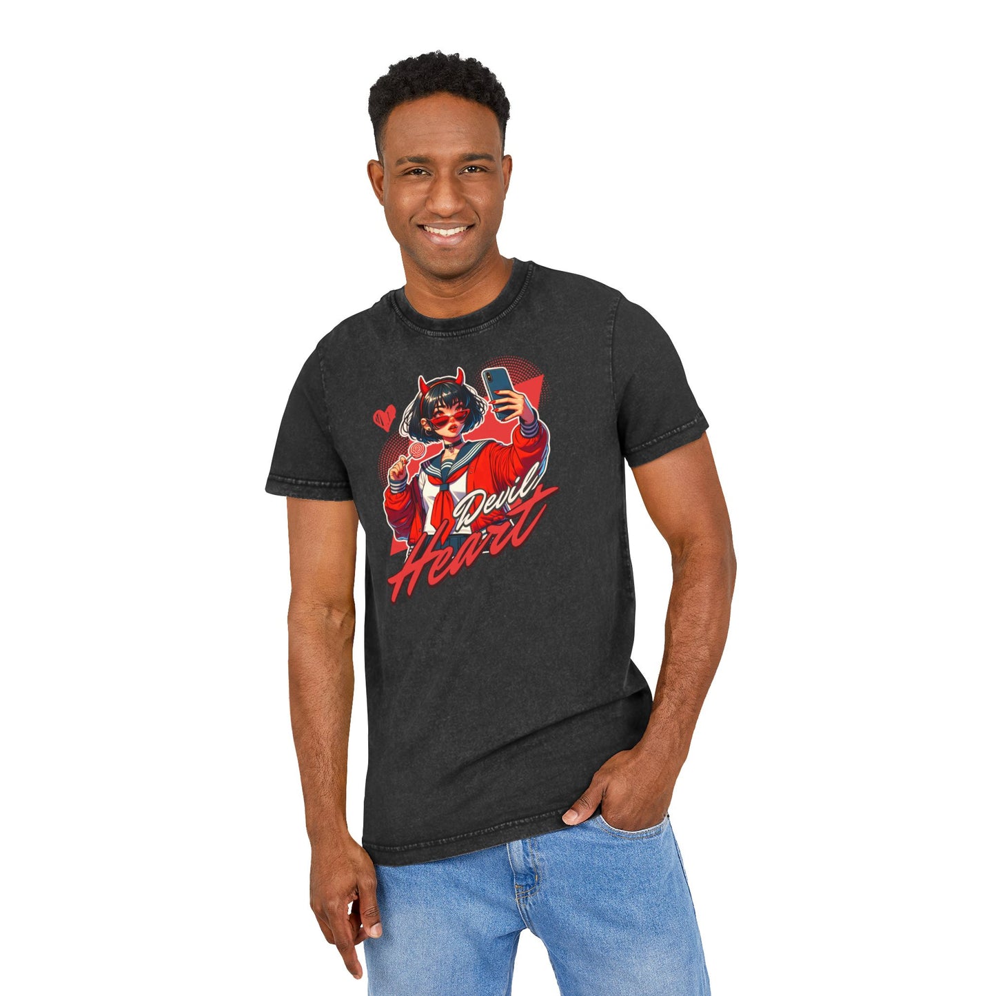 Devil Heart Anime Girl Acid Wash Vintage Style Unisex Tee